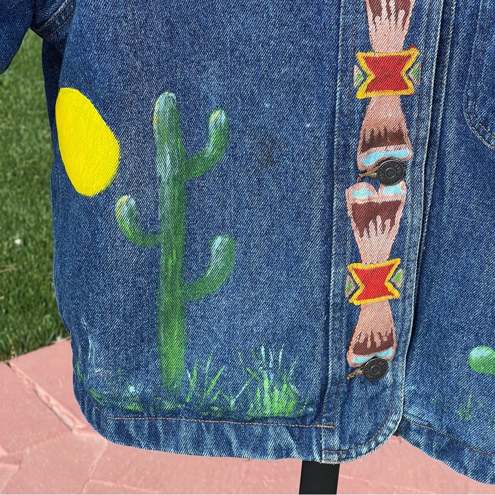 Hand Painted Vintage Ruff Hewn Denim Jean Jacket Southwest Aztec Desert Cactus S - Picture 15 of 16